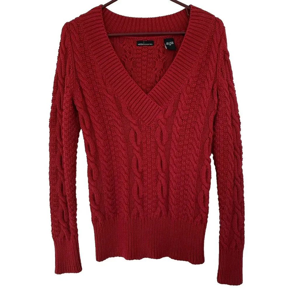 Vtg Moda Y2K Cable Knit Sweater Jumper M Red Cotton V-Neck Long Sleeve Fisherman